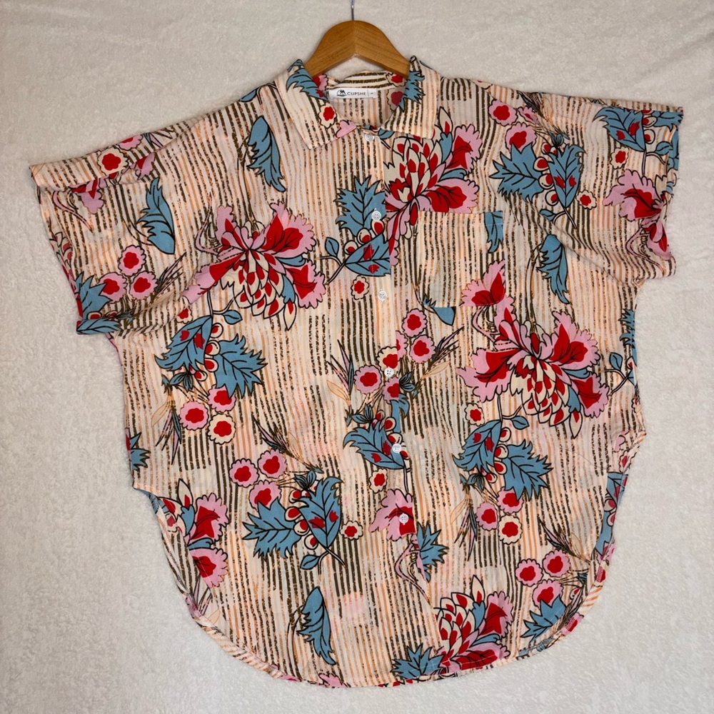 Cupshe floral striped button down tunic blouse used for swimsuit cover-up Size S